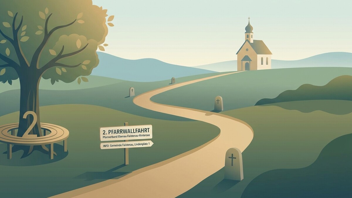 Pfarrwallfahrt nach Faistenau mit Wegweiser und Kirche in der Ferne.