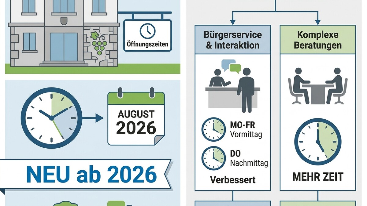 NEU ab 2026: Öffnungszeiten-Info mit Kalender und Uhren, Bürgerservice und komplexe Beratungen