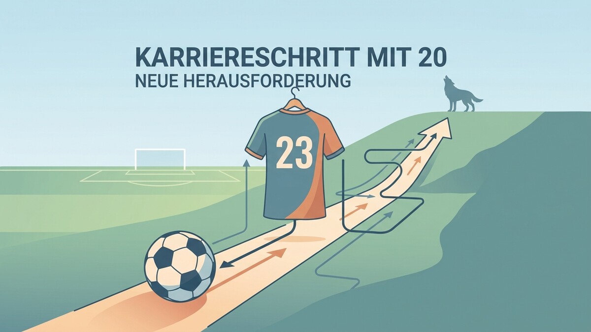 Fußballtrikot mit Nummer 23 auf einem Fußballfeld, ein Weg mit Pfeilen führt bergauf zu einem Wolf.