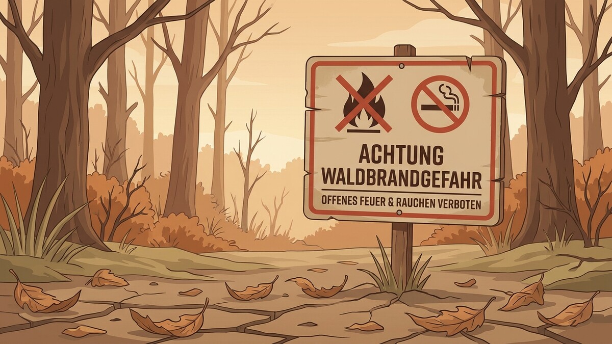 Waldbrandgefahr-Schild im Herbstwald mit verbotenem Feuer und Rauchen