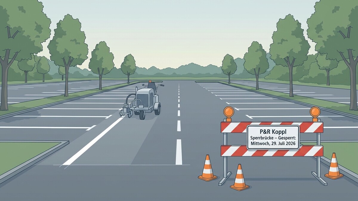 P&R Koppl Sperrbrücke gesperrt Mittwoch 29. Juli 2026 Markierungsmaschine und Absperrung auf Parkplatz