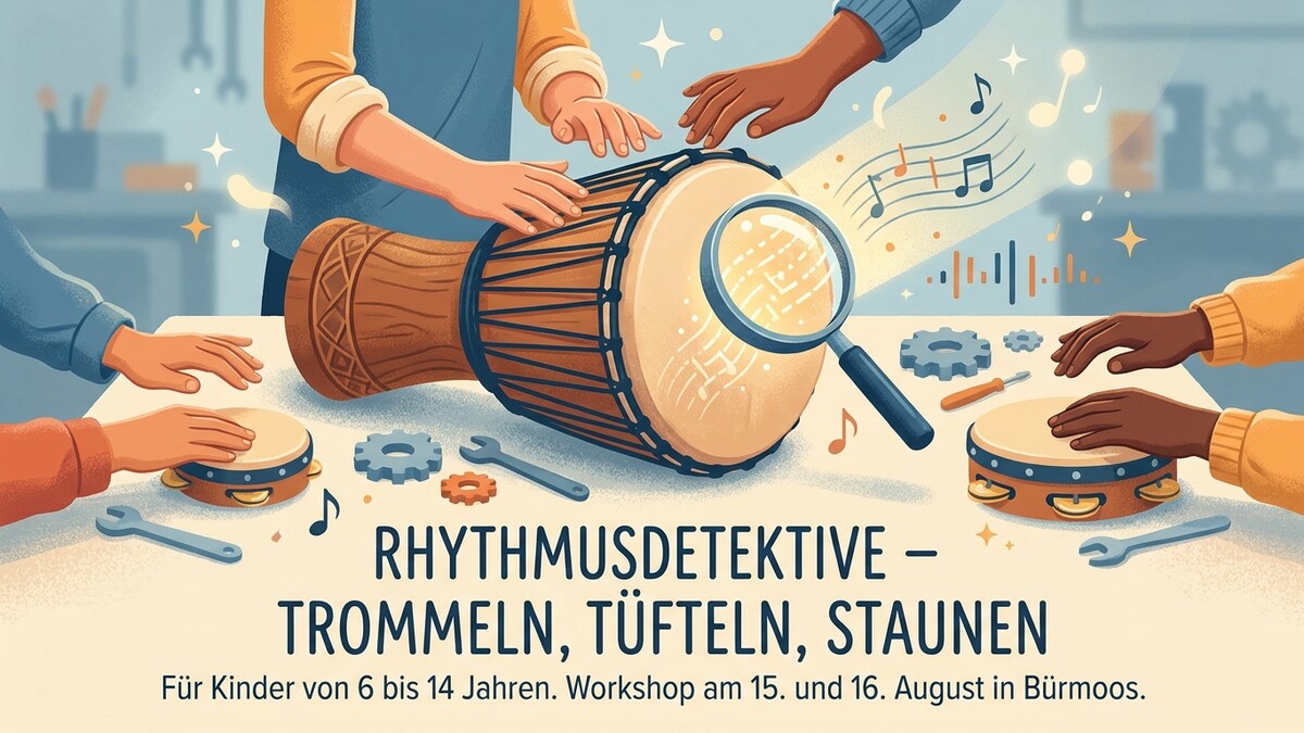 Rhythmusdetektive trommeln mit Kindern in Bürmoos, Lupen und Werkzeug auf dem Tisch