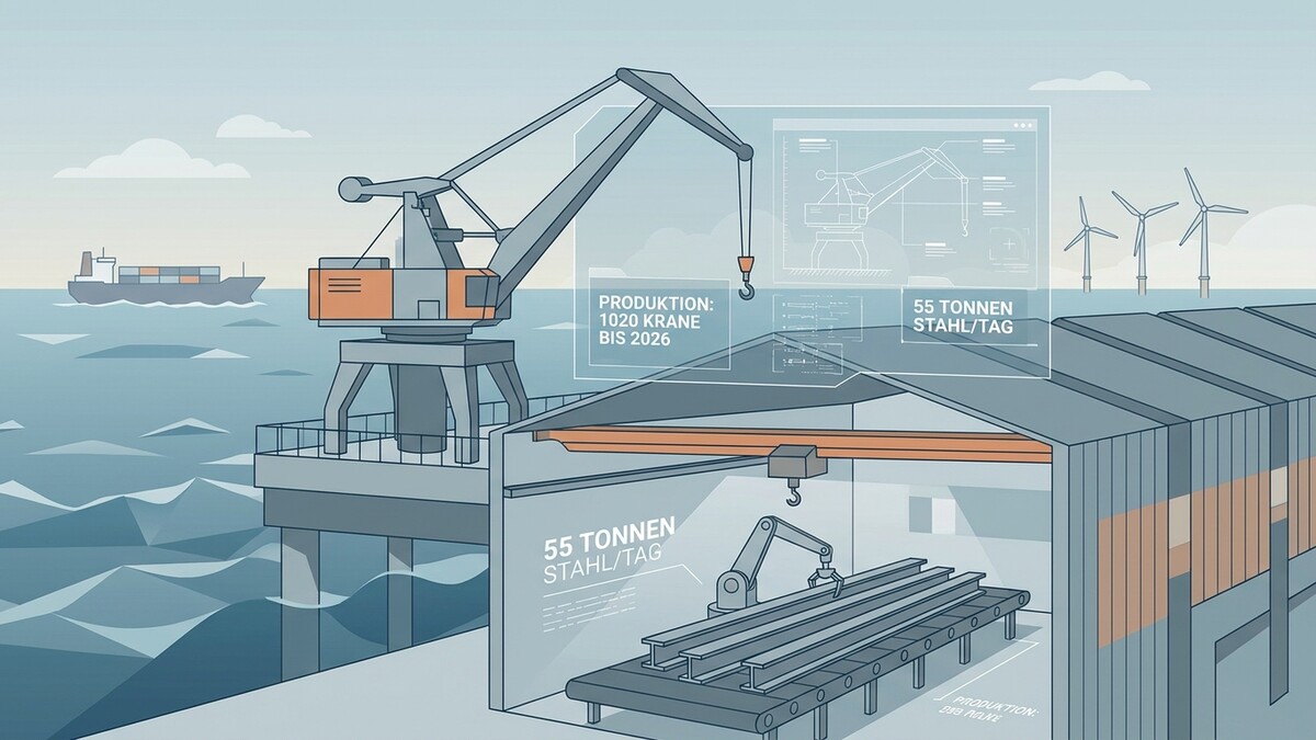 Hafen mit Kran, Schiff und Windrädern, Stahlproduktion mit Roboter und Förderband.