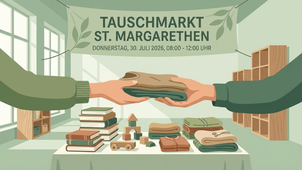 Tauschmarkt St. Margarethen: Hände übergeben Kleidung, Bücher und Spielzeug.