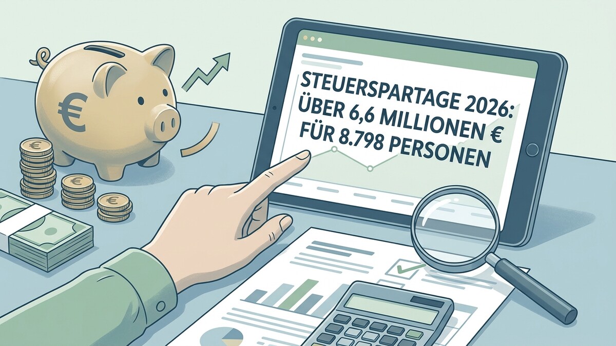 Steuersparungen 2026: Über 6,6 Millionen Euro für 8.798 Personen, Sparschwein, Geld und Tablet