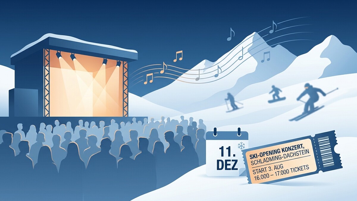 Ski-Opening Konzert Schladming-Dachstein mit Bühne, Publikum, Skifahrern und Musiknoten