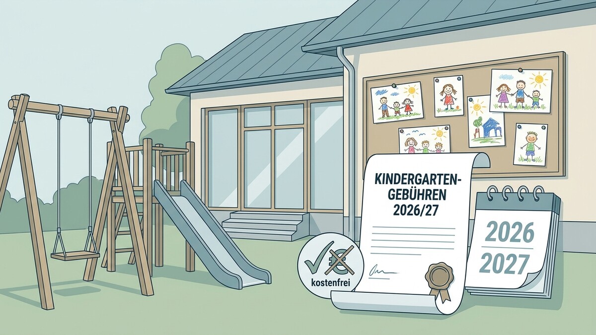 Kindergartengebühren 2026/27: Spielplatz vor Kindergarten mit Kinderzeichnungen und Kalender