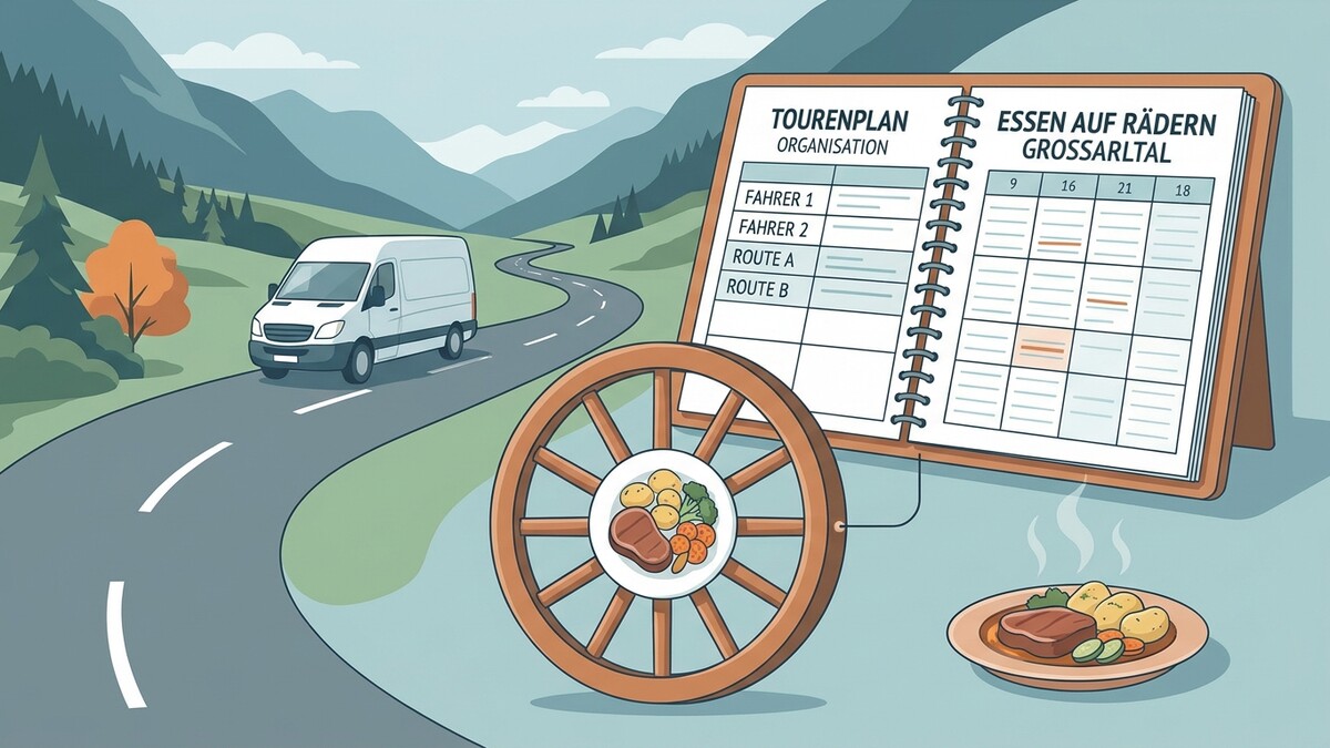 Essen auf Rädern in Großarltal: Lieferwagen fährt durch Berglandschaft neben einem Plan und einem Teller mit Essen.