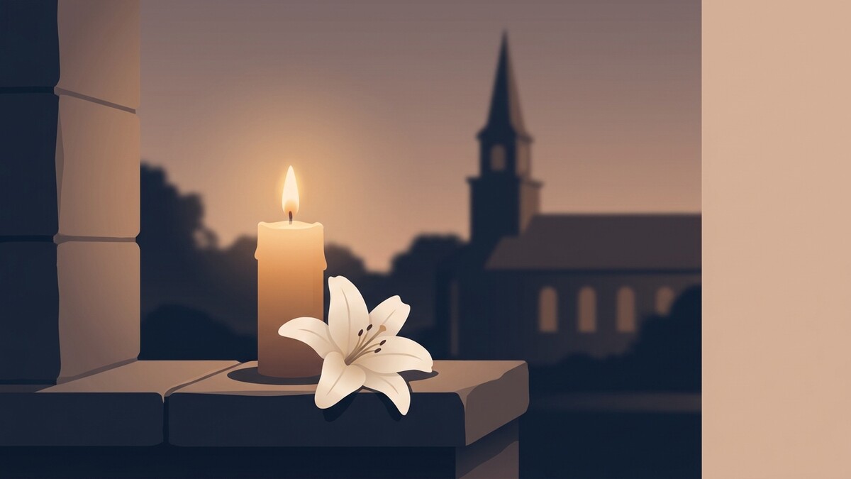 Kerze und Lilie auf einem Sims vor einer Kirche im Abendlicht.