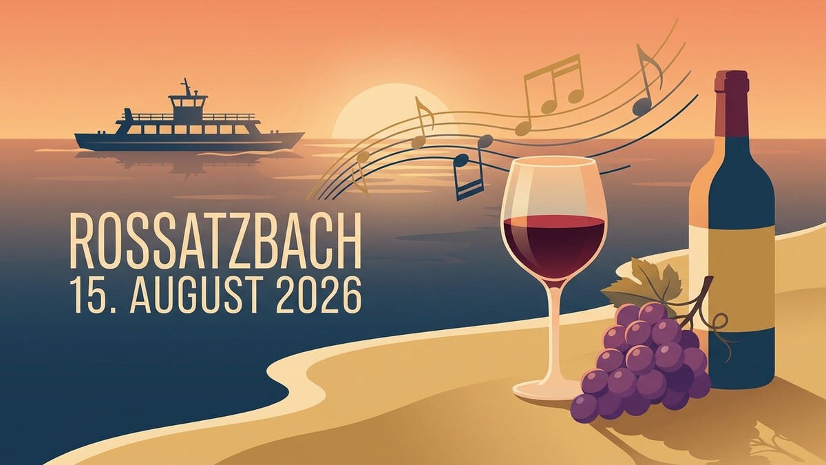 Rossatzbach 15. August 2026: Schiff, Weinglas, Weinflasche und Trauben am Wasser