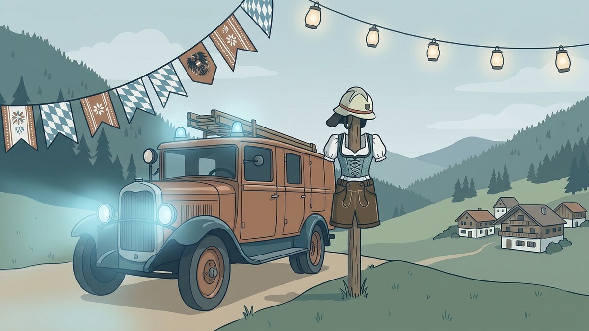 Oldtimer-Feuerwehrauto vor Bergdorf mit Trachtendekoration und Wimpelkette