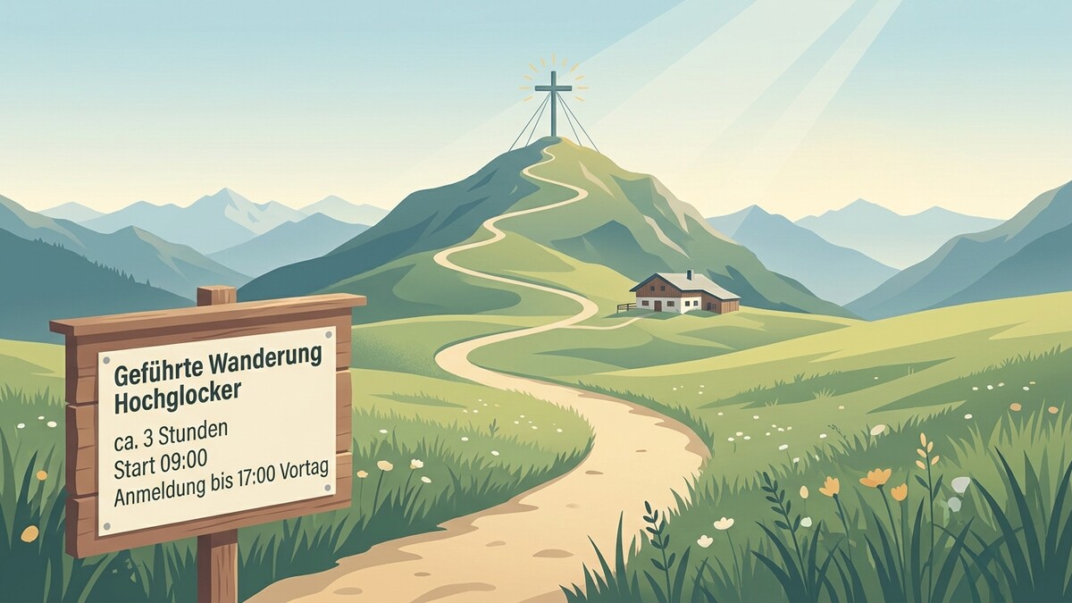 Geführte Wanderung Hochglocker: Weg mit Kreuz am Gipfel und Hütte in den Bergen