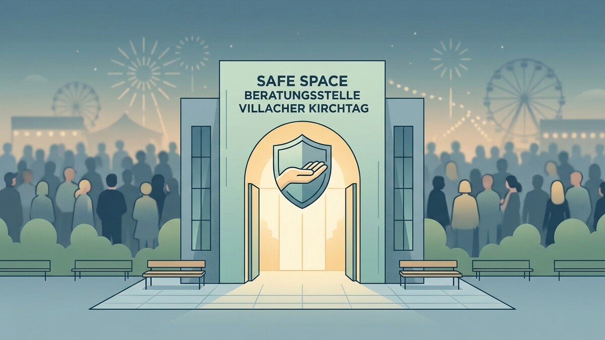 Beratungsstelle Villacher Kirchtag: Safe Space mit Schild und Hand vor beleuchtetem Gebäude und Menschenmenge.