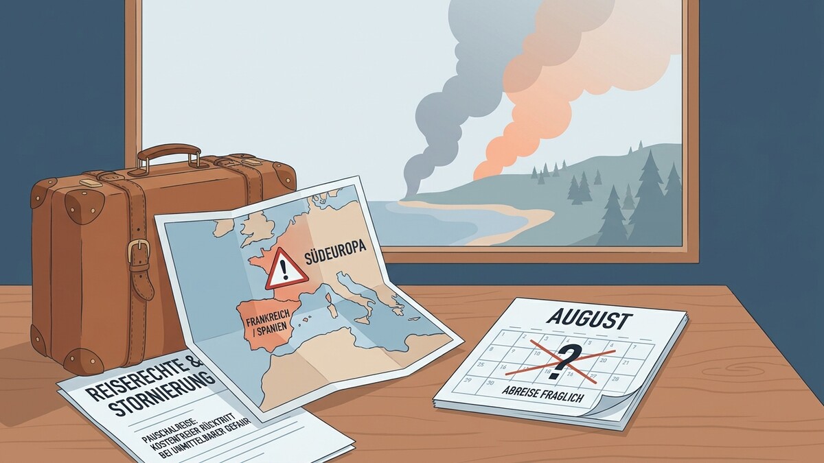 Reiseunterlagen mit Karte von Südeuropa, Koffer und Kalender mit Fragezeichen