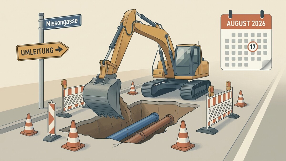 Bagger gräbt Baugrube mit Rohren, Umleitungsschild Missongasse, Kalender August 2026