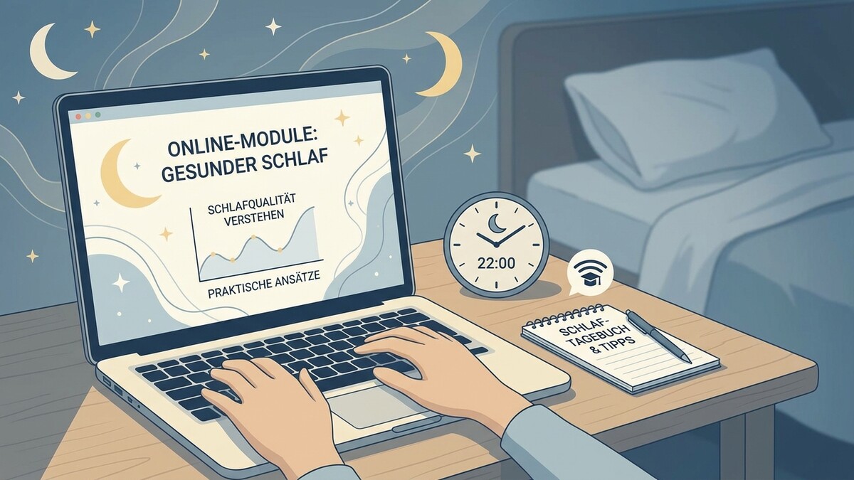Gesunder Schlaf Online-Modul am Laptop, Nachtisch mit Uhr & Notizbuch