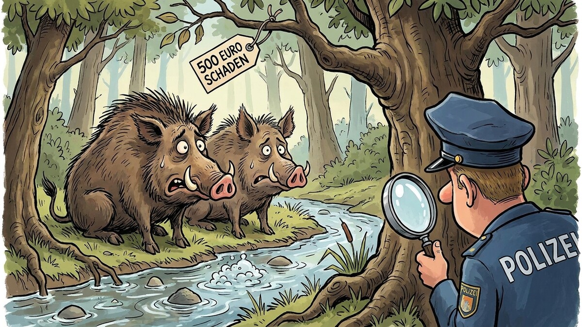 Wildschwein am Bach mit Geld und Lupe im Wald