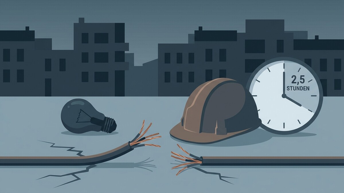 Stromausfall: Kaputter Kabel, Glühbirne, Schutzhelm und Uhr mit 2,5 Stunden