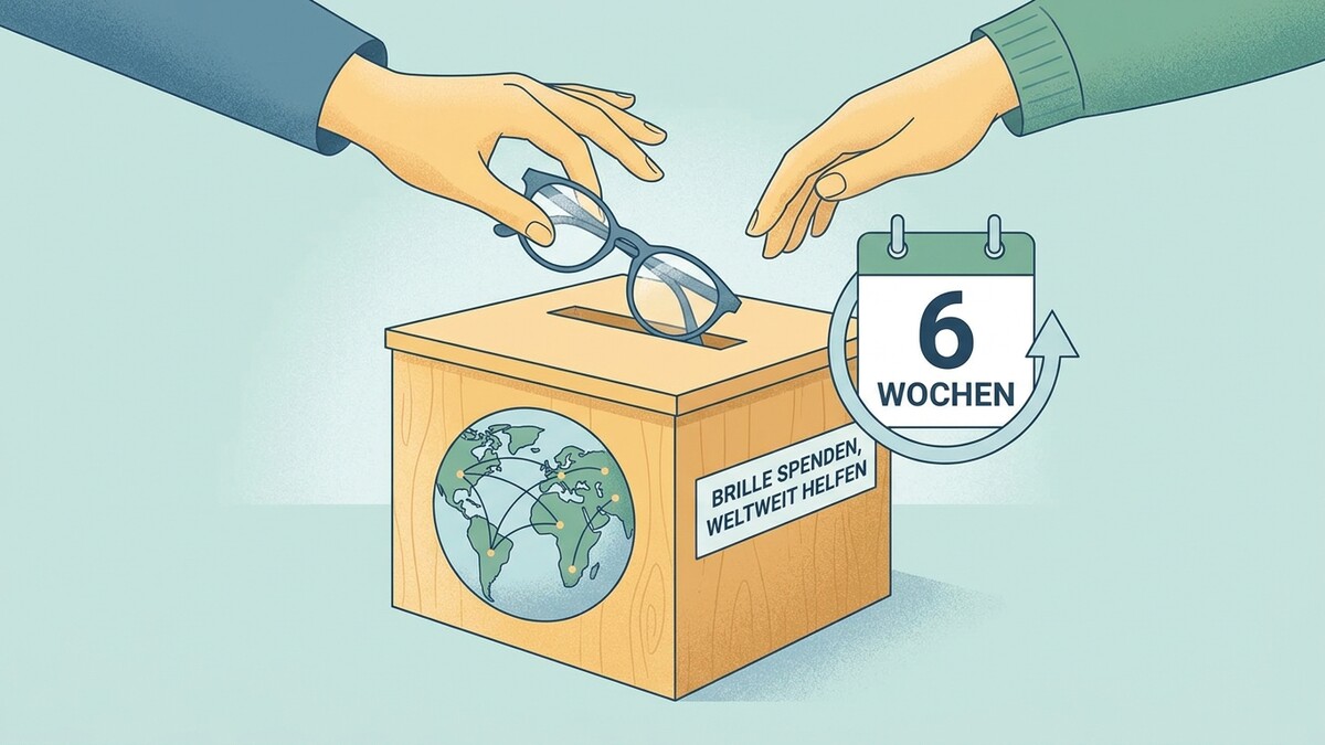 Brillen spenden weltweit helfen: Hände legen Brille in Spendenbox mit Erdball-Symbol und Kalender für 6 Wochen.
