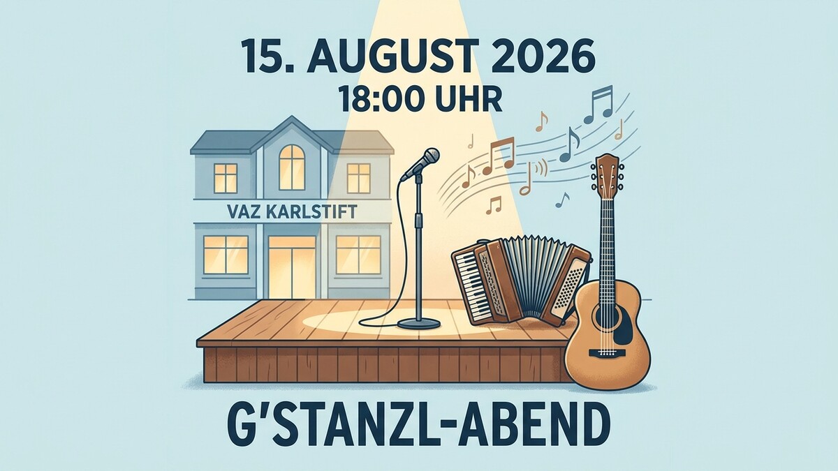 G'stanzl-Abend VAZ Karlstift: Gitarre, Ziehharmonika und Mikrofon auf Bühne am 15. August 2026