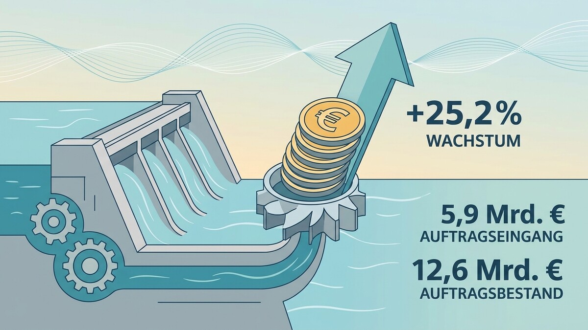Wachstum mit Wasserkraftwerk, Zahnrädern und Euro-Münzen zeigt 25,2% Zuwachs