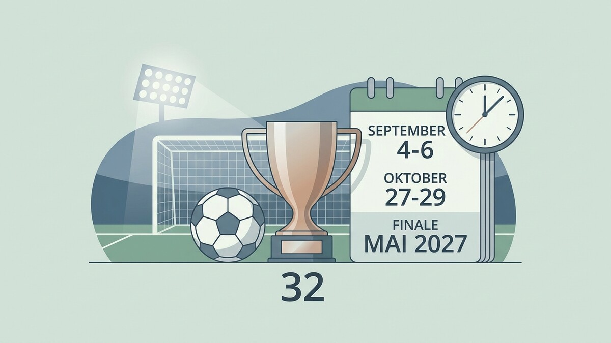 Fußball-EM 2027: Pokal, Ball und Kalender mit Daten vor Fußballtor und Flutlicht