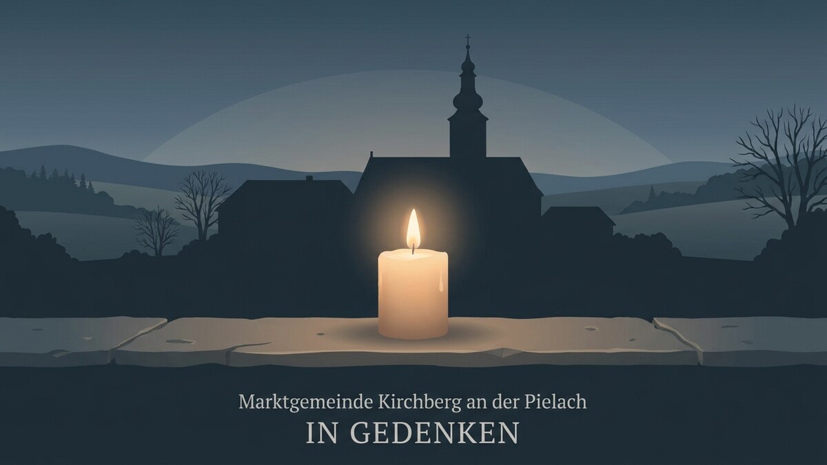 Kerze mit brennender Flamme vor Silhouette der Marktgemeinde Kirchberg an der Pielach im Gedenken