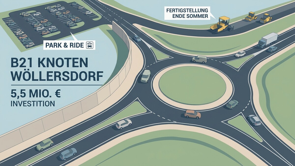 B21 Knoten Wöllersdorf: Park & Ride Anlage mit Kreisverkehr und Baustelle