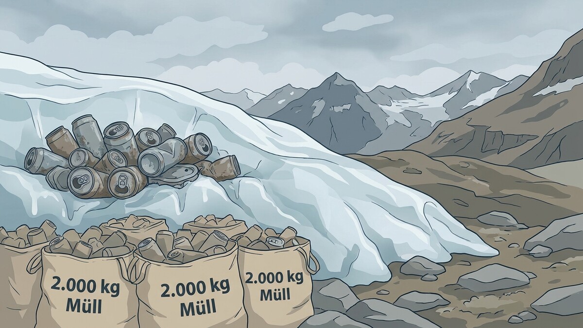 Müllsäcke mit 2.000 kg Abfall und Dosen in einem Gletscher in den Alpen