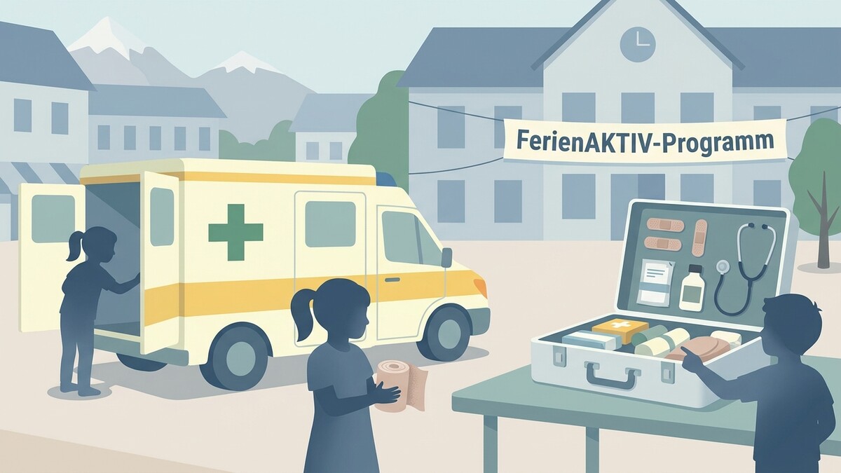 FerienAKTIv-Programm: Kinder mit Verbandszeug und Krankenwagen vor Schulgebäude