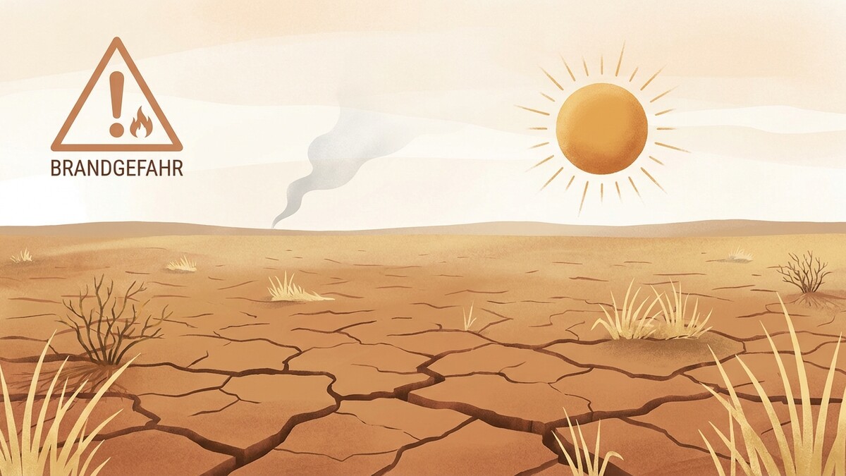 Brandgefahr-Warnschild in trockener Landschaft unter brennender Sonne mit Rauchwolke