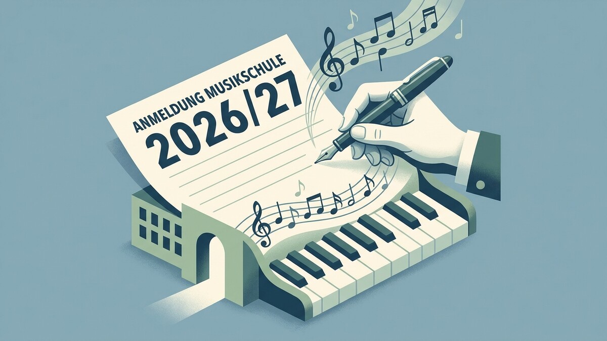 Anmeldung Musikschule 2026/27 mit Noten und Klaviertasten vor hellblauem Hintergrund