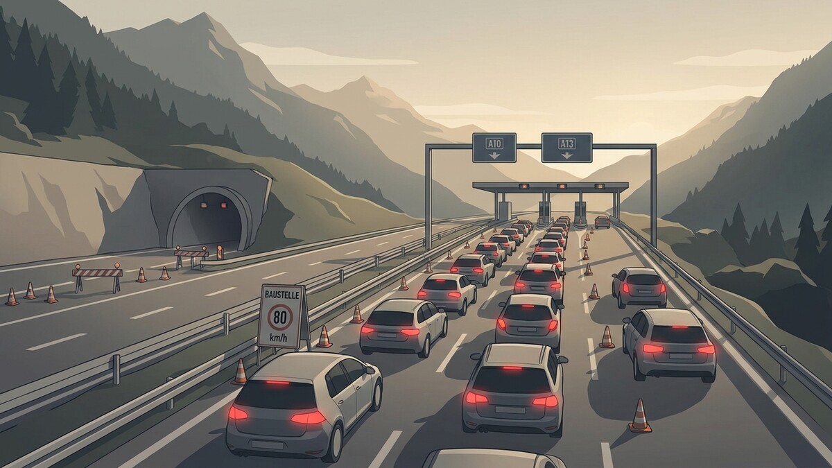 Autobahnstau vor Bergtunnel mit Baustelle und Tempolimit 80 km/h