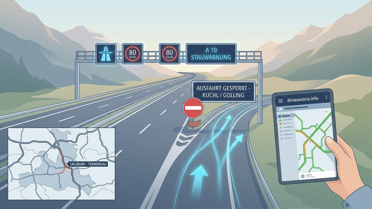 A10 Stauwarnung mit gesperrter Ausfahrt Kuchl Golling, digitale Verkehrsinformation auf Tablet
