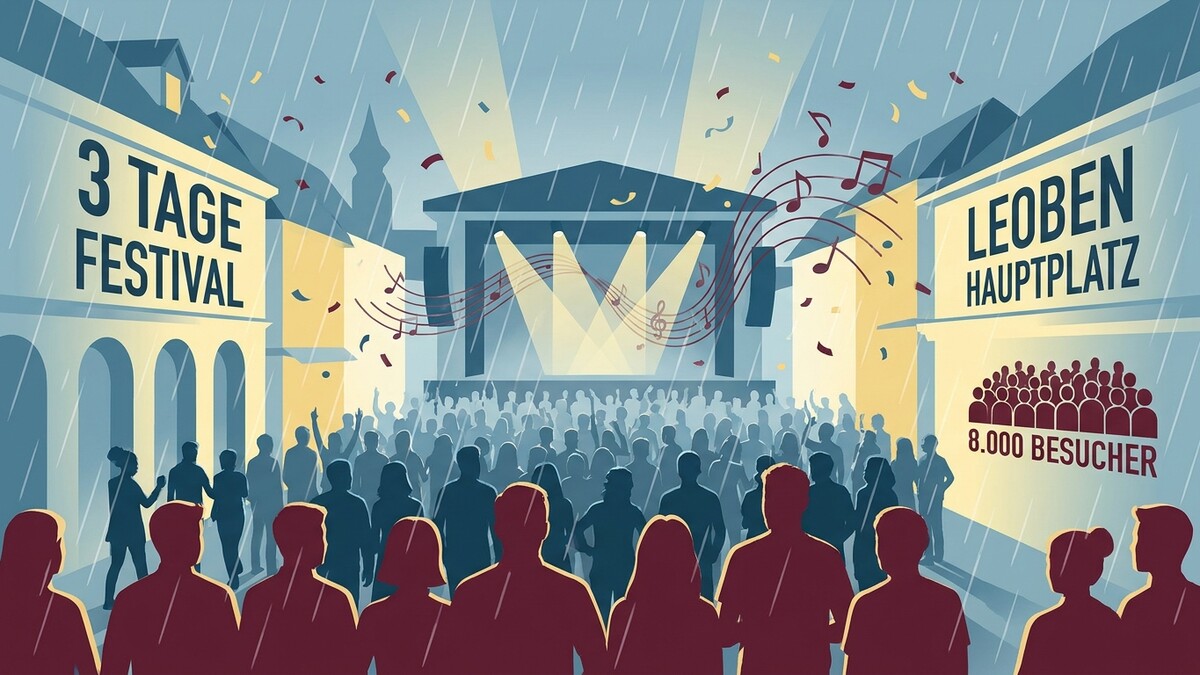 Festival Leoben Hauptplatz mit 8.000 Besuchern bei Regen und Konfetti