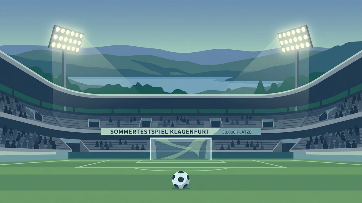 Fußballstadion Klagenfurt mit Flutlicht und Bergkulisse am Wörthersee