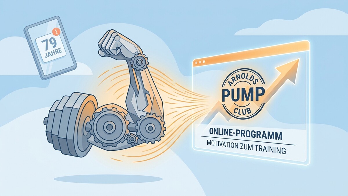 Arnold's Pump Club Online-Programm Motivation zum Training mit Roboterarm und Hantel