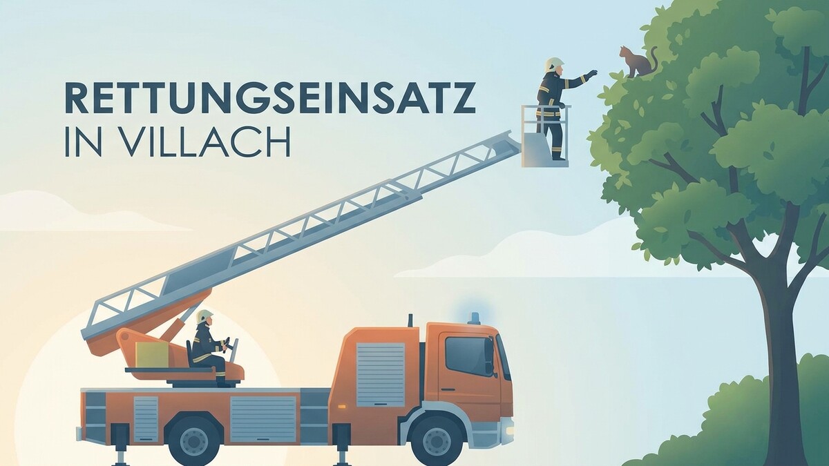 Rettungseinsatz in Villach: Feuerwehrmann rettet Katze aus Baum.