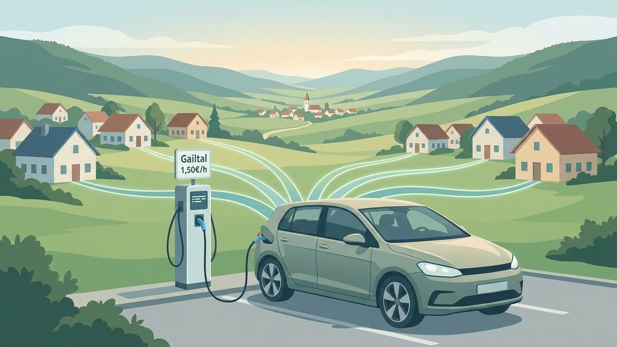 Elektroauto lädt an Ladesäule im Gailtal mit Blick auf Häuser und Hügel