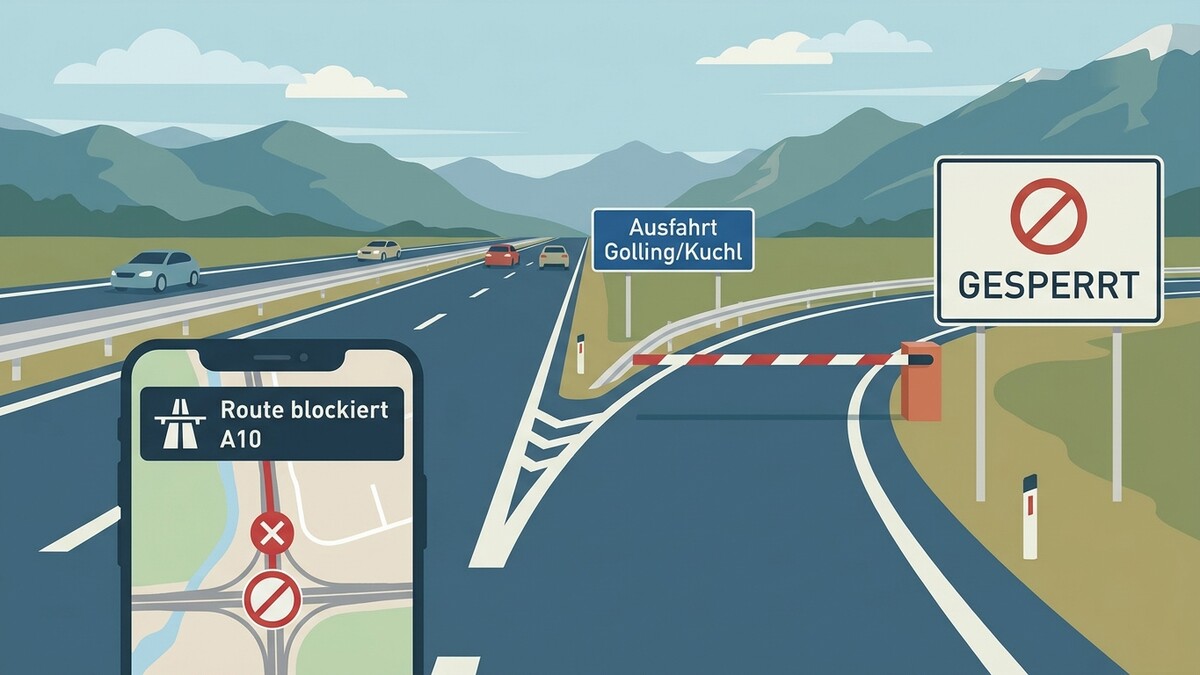 Autobahn A10 gesperrt, Navigations-App zeigt blockierte Route bei Ausfahrt Golling/Kuchl