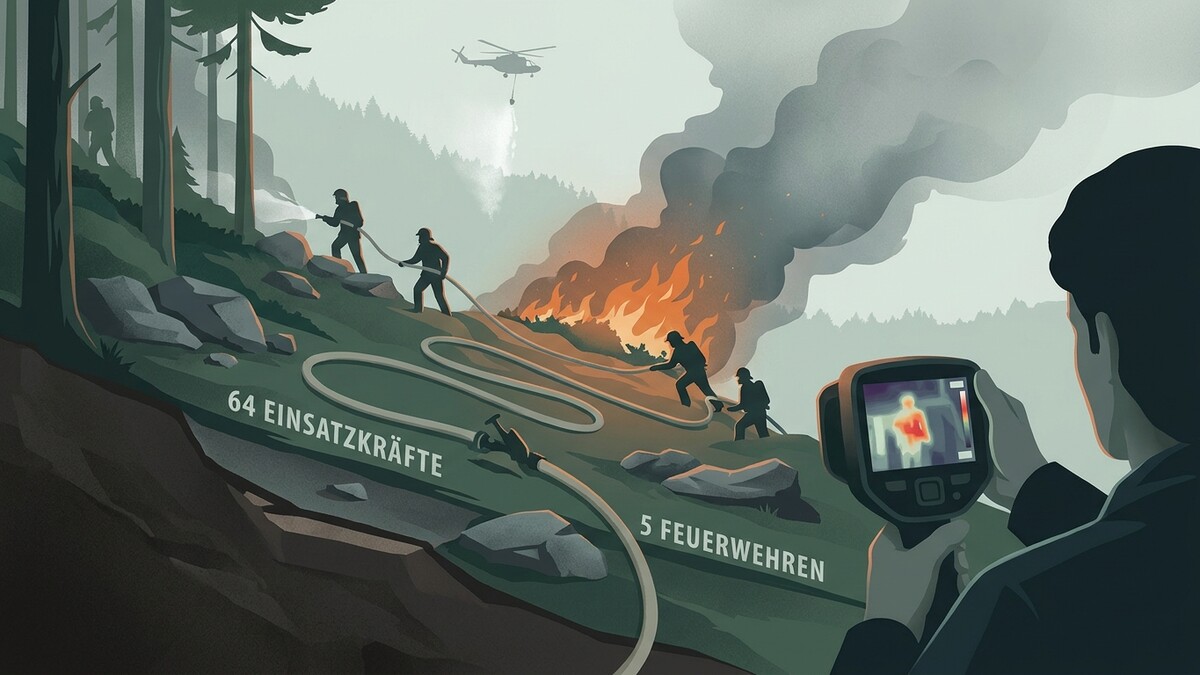 Waldbrandbekämpfung mit 64 Einsatzkräften und 5 Feuerwehren, Helikopter löscht Feuer, Mann hält Wärmebildkamera