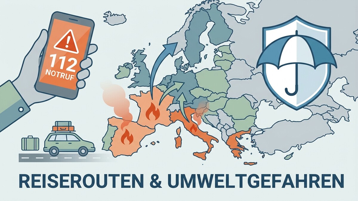 Reiserouten & Umweltgefahren: Handy mit Notruf, Auto mit Gepäck, Europa mit Brandherden, Pfeilen und Regenschirmsymbol