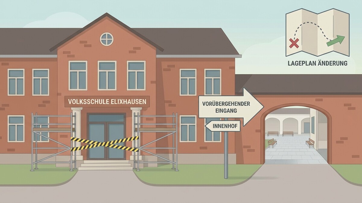 Volksschule Elixhausen mit Gerüst und temporärem Eingang, Lageplanänderung.