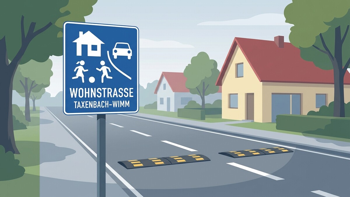 Wohnstraße Taxenbach-Wimm Schild mit Kindern und Auto, zwei Fahrbahnteiler