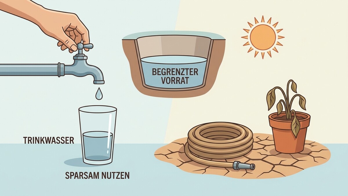 Trinkwasser sparsam nutzen, begrenzter Vorrat, vertrocknete Pflanze unter Sonne