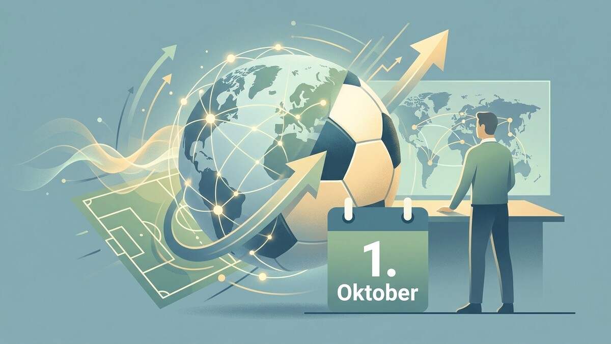 Fußball-WM, Kalenderblatt 1. Oktober, Mann vor Weltkarte und Globus