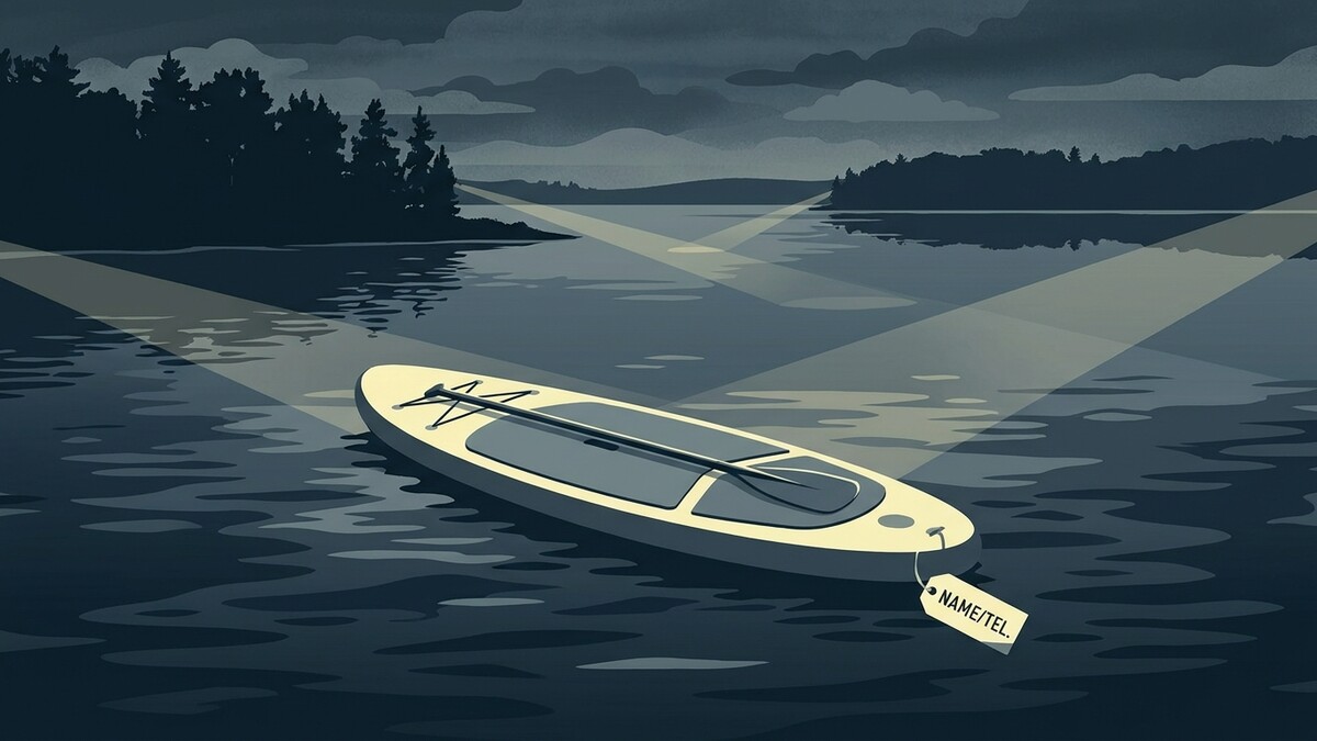 Stand-Up-Paddle-Board mit Namensanhänger treibt auf einem See im Scheinwerferlicht