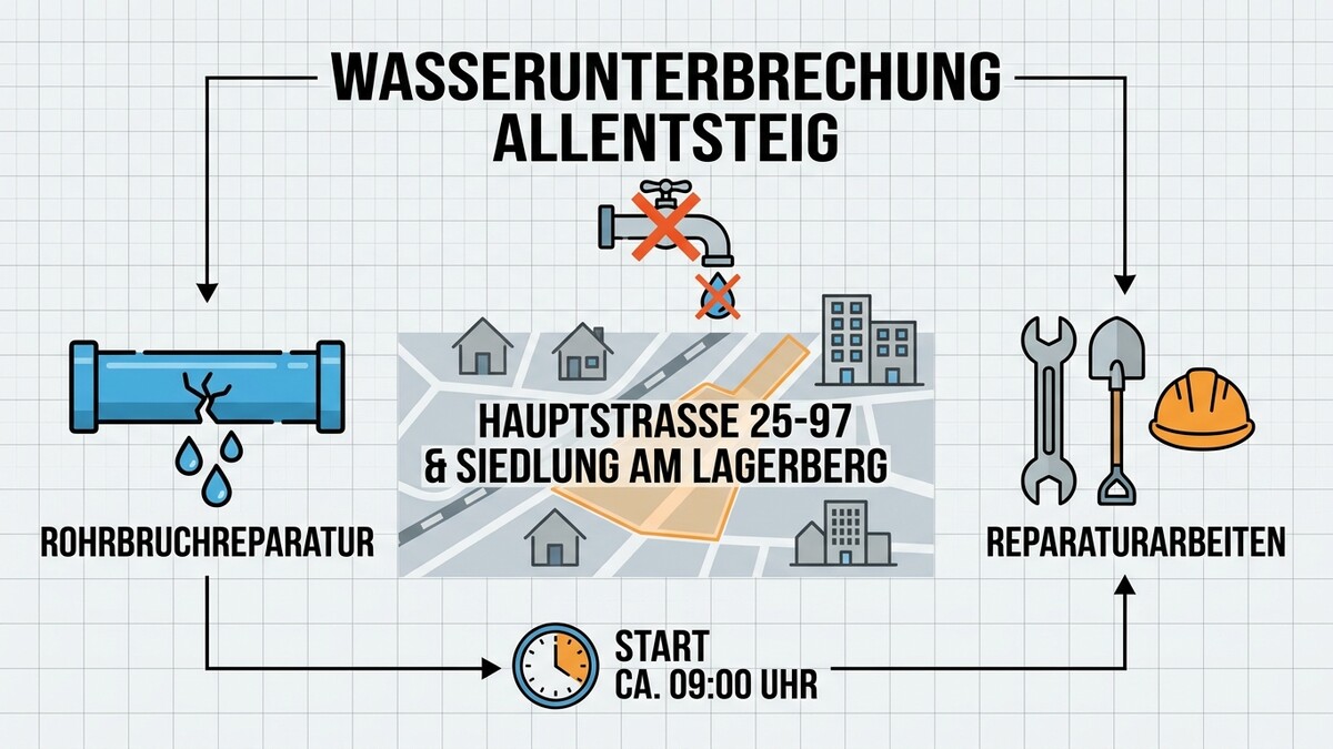 Wasserunterbrechung Allentsteig: Rohrbruchreparatur, Hauptstraße 25-97 & Siedlung Am Lagerberg, Reparaturarbeiten, Start 09:00 Uhr.