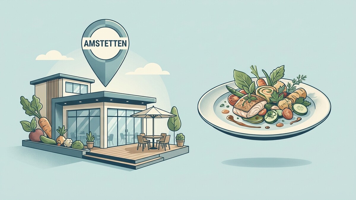 Amstetten: Restaurant mit frischem Essen und Terrasse, daneben ein Teller mit Fisch und Gemüse