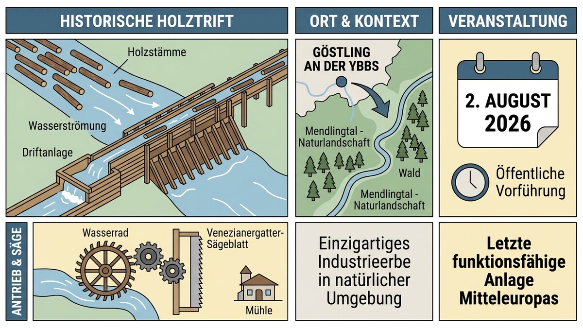 Holztrift mit Wasserrad und Sägewerk in Berglandschaft